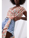 Bluza din sifon cu cravate in imprimeu floral, bej si coral 20450 - Magazin online - Boutique